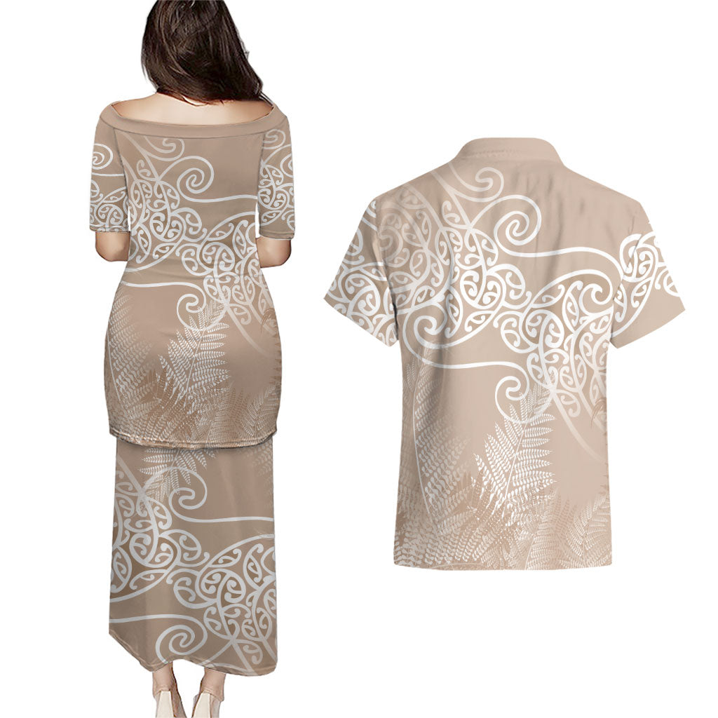 Aotearoa Maori Koru Curves Couples Matching Puletasi and Hawaiian Shirt Silver Ferns - Mocha LT7 - Polynesian Pride