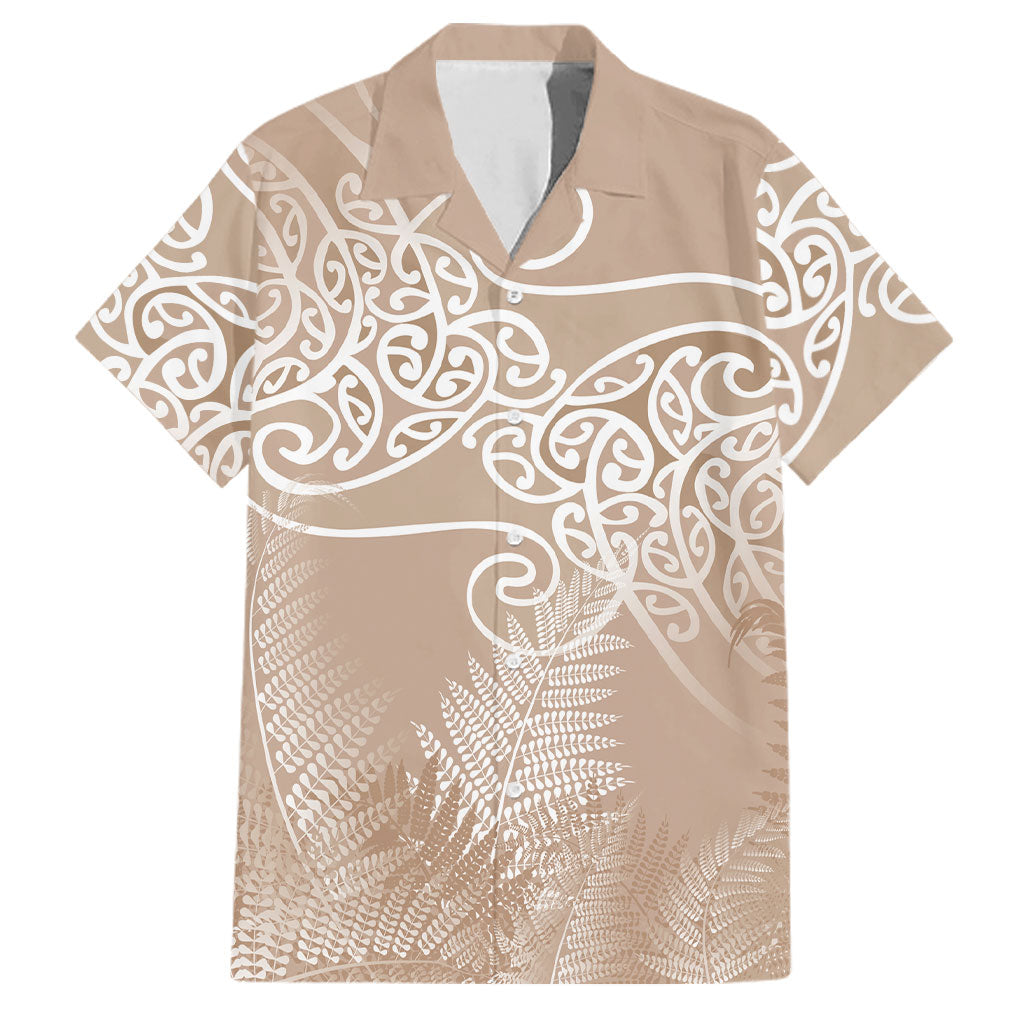 Aotearoa Maori Koru Curves Family Matching Long Sleeve Bodycon Dress and Hawaiian Shirt Silver Ferns - Mocha LT7 Dad's Shirt - Short Sleeve Beige - Polynesian Pride