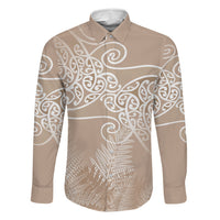 Aotearoa Maori Koru Curves Family Matching Long Sleeve Bodycon Dress and Hawaiian Shirt Silver Ferns - Mocha LT7 Dad's Shirt - Long Sleeve Beige - Polynesian Pride