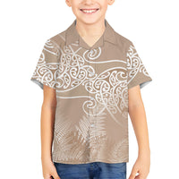 Aotearoa Maori Koru Curves Family Matching Off Shoulder Short Dress and Hawaiian Shirt Silver Ferns - Mocha LT7 Son's Shirt Beige - Polynesian Pride