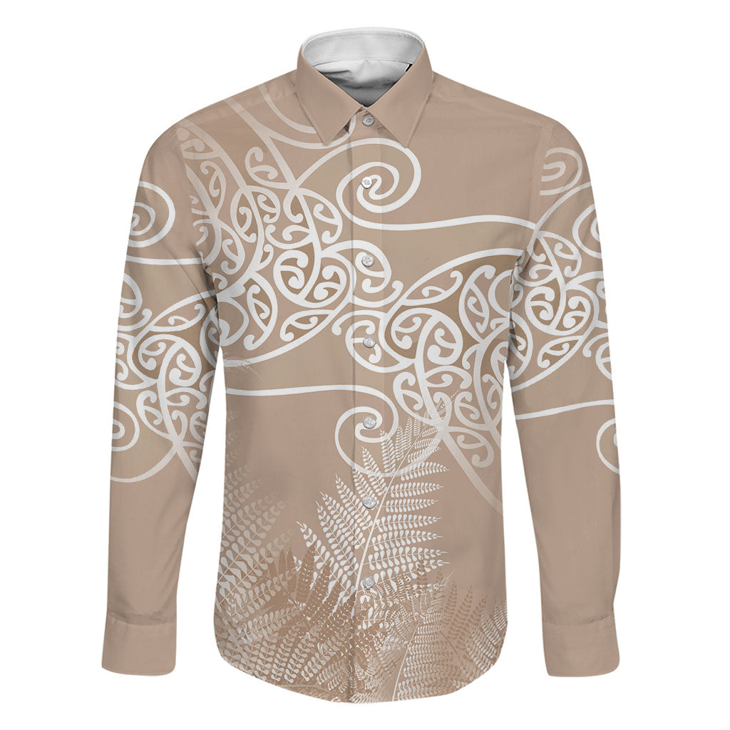 Aotearoa Maori Koru Curves Family Matching Short Sleeve Bodycon Dress and Hawaiian Shirt Silver Ferns - Mocha LT7 Dad's Shirt - Long Sleeve Beige - Polynesian Pride