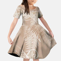 Aotearoa Maori Koru Curves Family Matching Summer Maxi Dress and Hawaiian Shirt Silver Ferns - Mocha LT7 Daughter's Dress Beige - Polynesian Pride