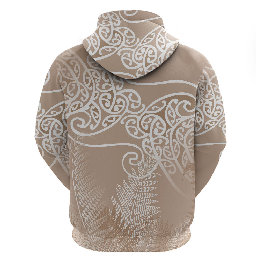 Aotearoa Maori Koru Curves Hoodie Silver Ferns - Mocha LT7 - Polynesian Pride