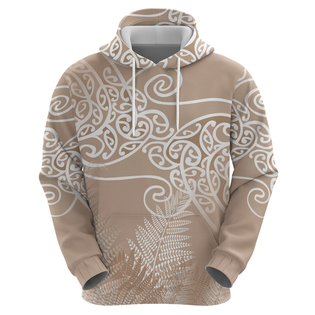 Aotearoa Maori Koru Curves Hoodie Silver Ferns - Mocha LT7 - Polynesian Pride
