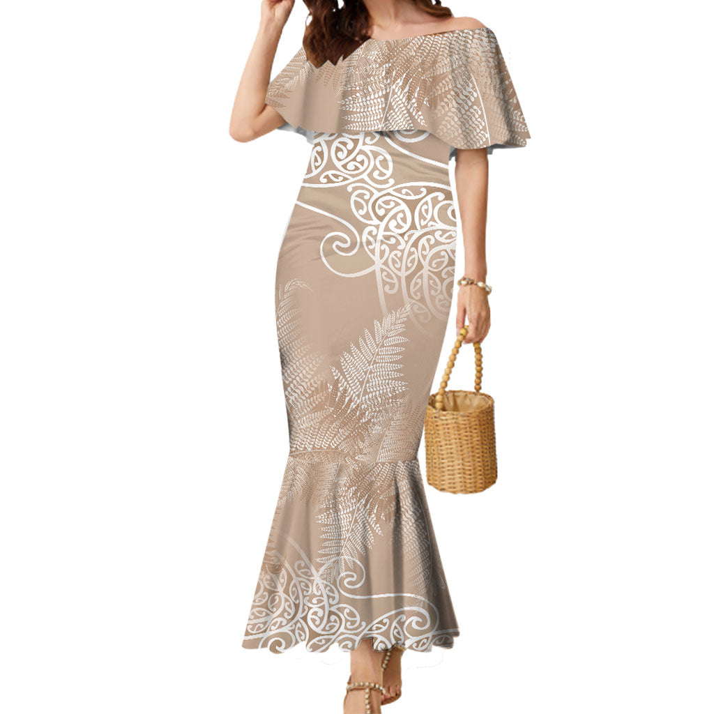 Aotearoa Maori Koru Curves Mermaid Dress Silver Ferns - Mocha LT7 Women Beige - Polynesian Pride