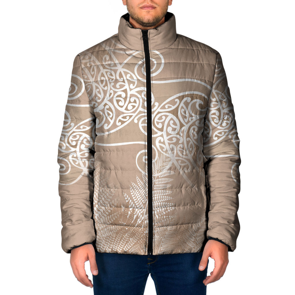 Aotearoa Maori Koru Curves Padded Jacket Silver Ferns - Mocha LT7 Men Beige - Polynesian Pride