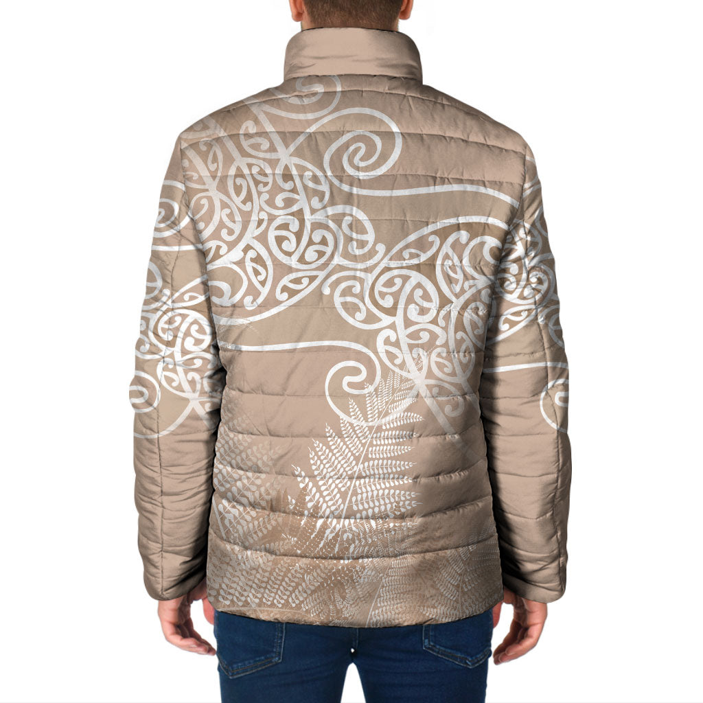 Aotearoa Maori Koru Curves Padded Jacket Silver Ferns - Mocha LT7 - Polynesian Pride