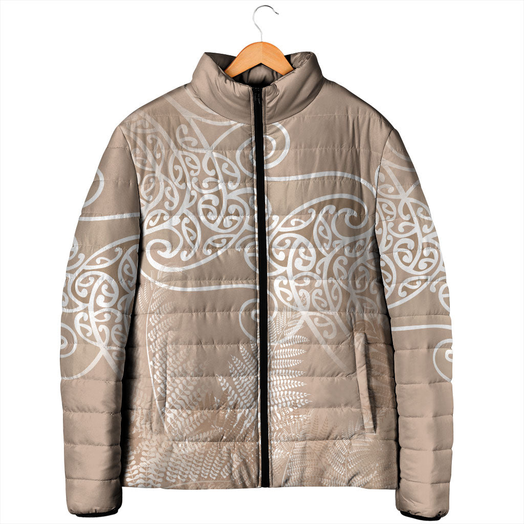 Aotearoa Maori Koru Curves Padded Jacket Silver Ferns - Mocha LT7 - Polynesian Pride