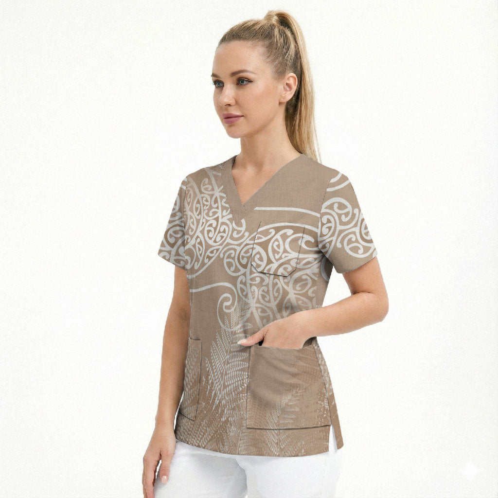 Aotearoa Maori Koru Curves Scrub Top Silver Ferns - Mocha LT7 - Polynesian Pride