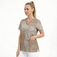 Aotearoa Maori Koru Curves Scrub Top Silver Ferns - Mocha LT7 - Polynesian Pride