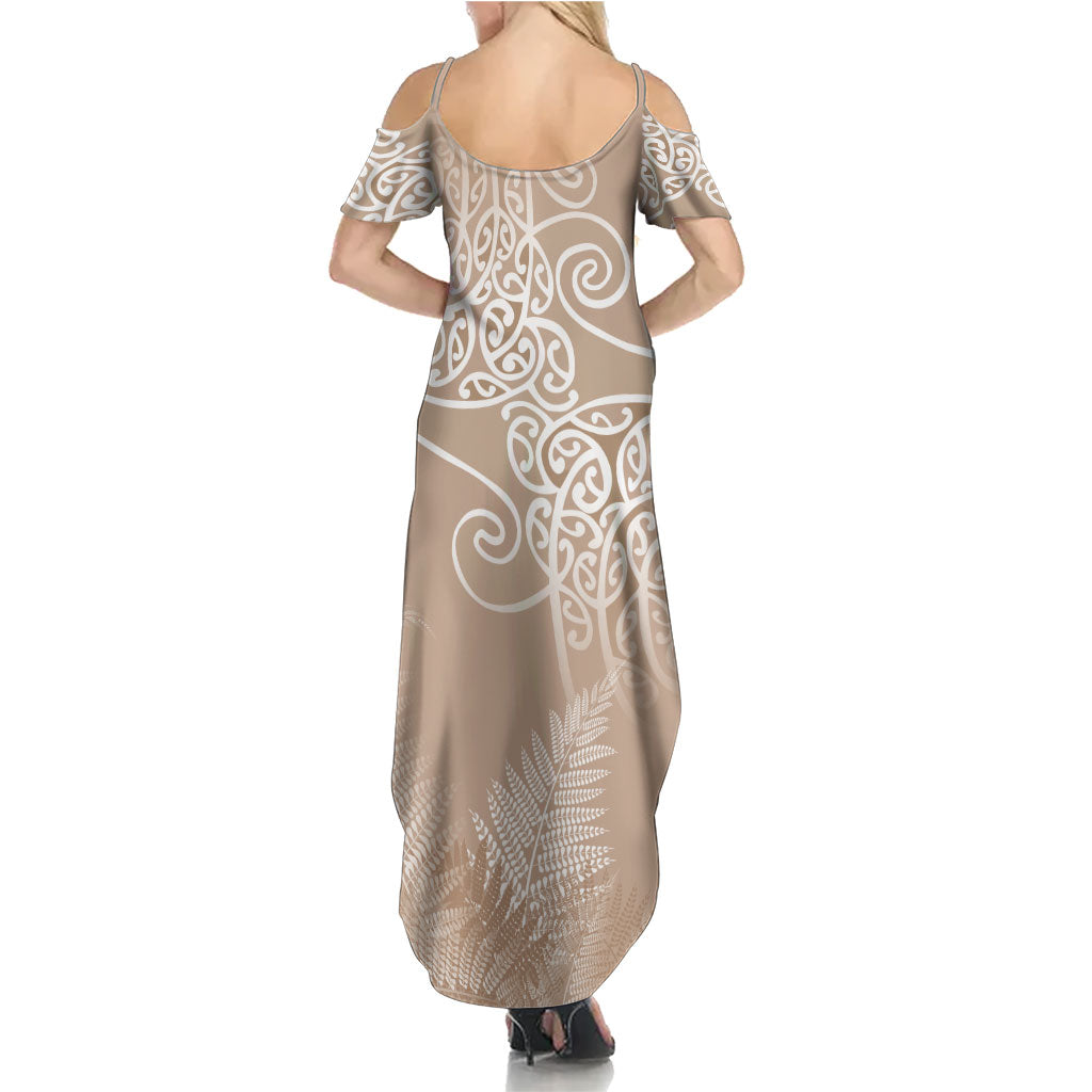 Aotearoa Maori Koru Curves Summer Maxi Dress Silver Ferns - Mocha LT7 - Polynesian Pride