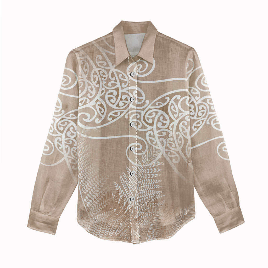 Aotearoa Maori Koru Curves Women Casual Shirt Silver Ferns - Mocha LT7 - Polynesian Pride