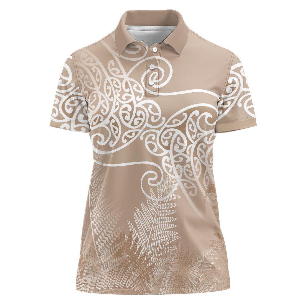 Aotearoa Maori Koru Curves Women Polo Shirt Silver Ferns - Mocha