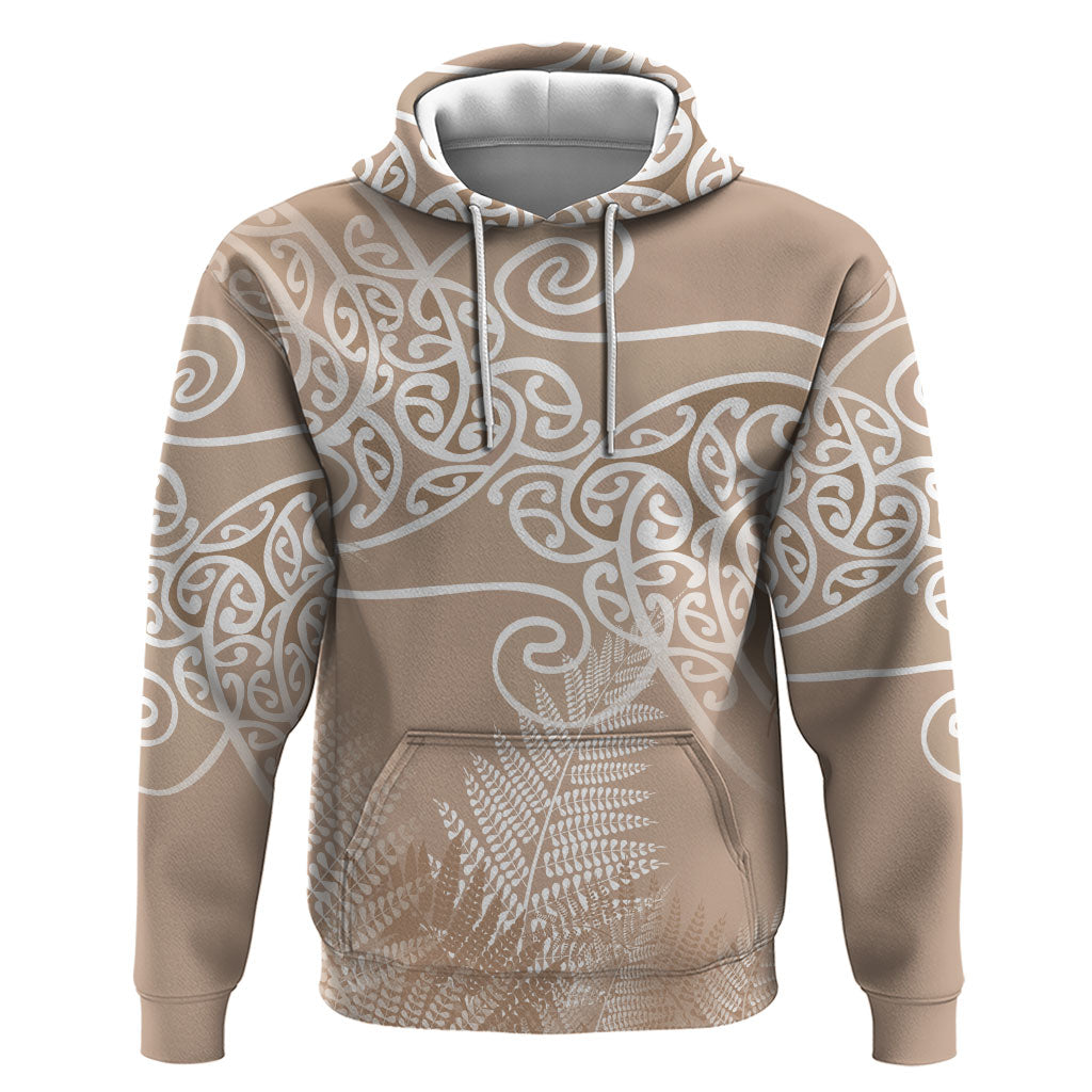 Aotearoa Maori Koru Curves Zip Hoodie Silver Ferns - Mocha LT7 Pullover Hoodie Beige - Polynesian Pride