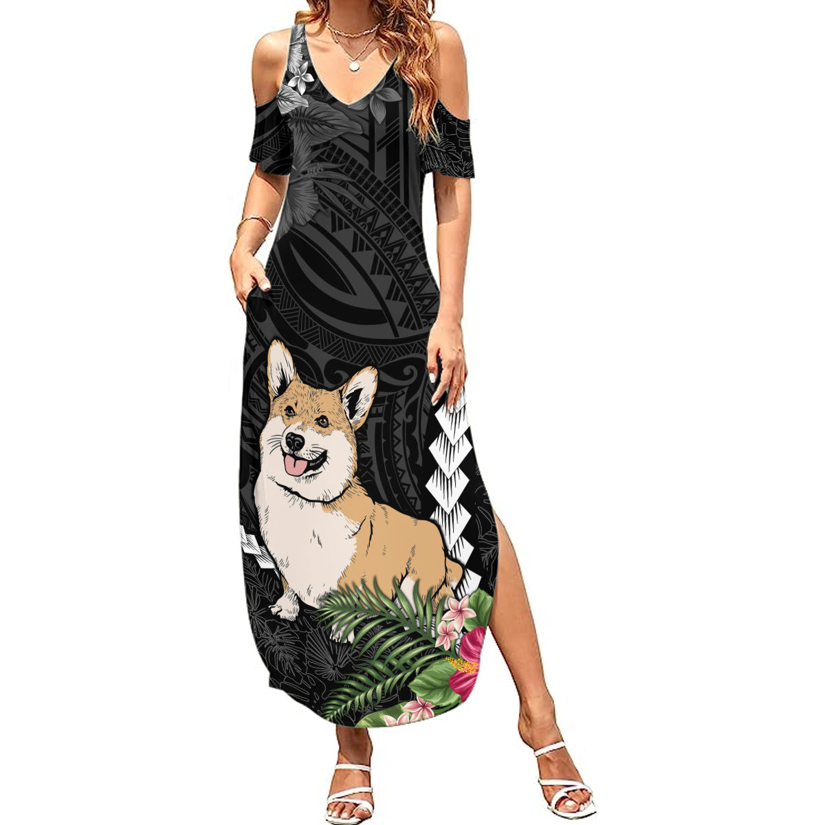 Personalised Polynesian Dog Summer Maxi Dress Corgi Mix Tropical Flowers LT7 Women Black - Polynesian Pride