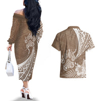 Personalised Polynesian Pacific Bulldog Couples Matching Off The Shoulder Long Sleeve Dress and Hawaiian Shirt With Brown Hawaii Tribal Tattoo Patterns LT7 - Polynesian Pride