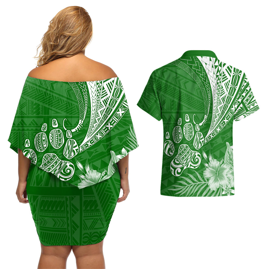 Personalised Polynesian Pacific Bulldog Couples Matching Off Shoulder Short Dress and Hawaiian Shirt With Emerald Hawaii Tribal Tattoo Patterns LT7 - Polynesian Pride