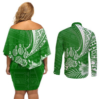 Personalised Polynesian Pacific Bulldog Couples Matching Off Shoulder Short Dress and Long Sleeve Button Shirts With Emerald Hawaii Tribal Tattoo Patterns LT7 - Polynesian Pride