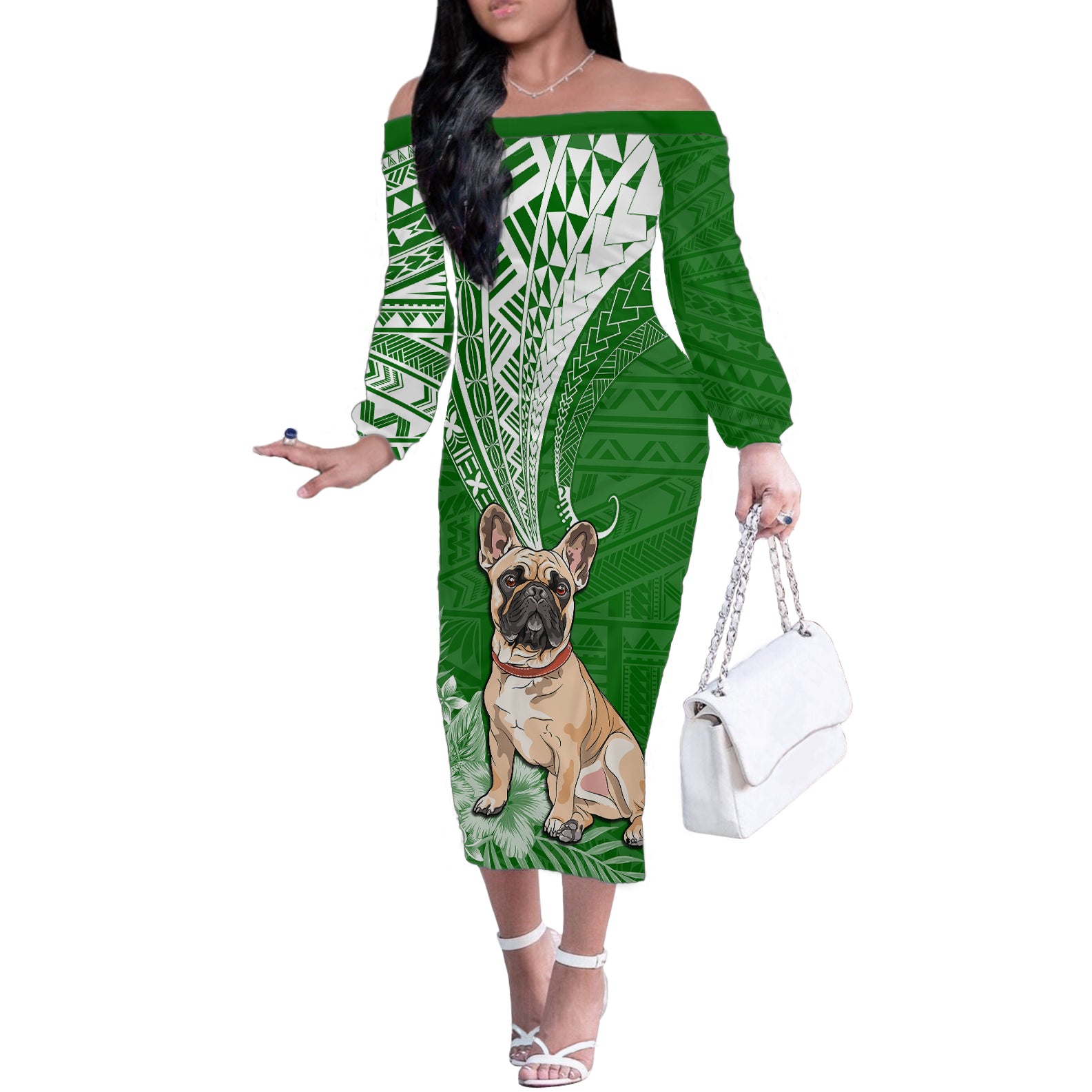 Personalised Polynesian Pacific Bulldog Off The Shoulder Long Sleeve Dress With Emerald Hawaii Tribal Tattoo Patterns LT7 Women Green - Polynesian Pride