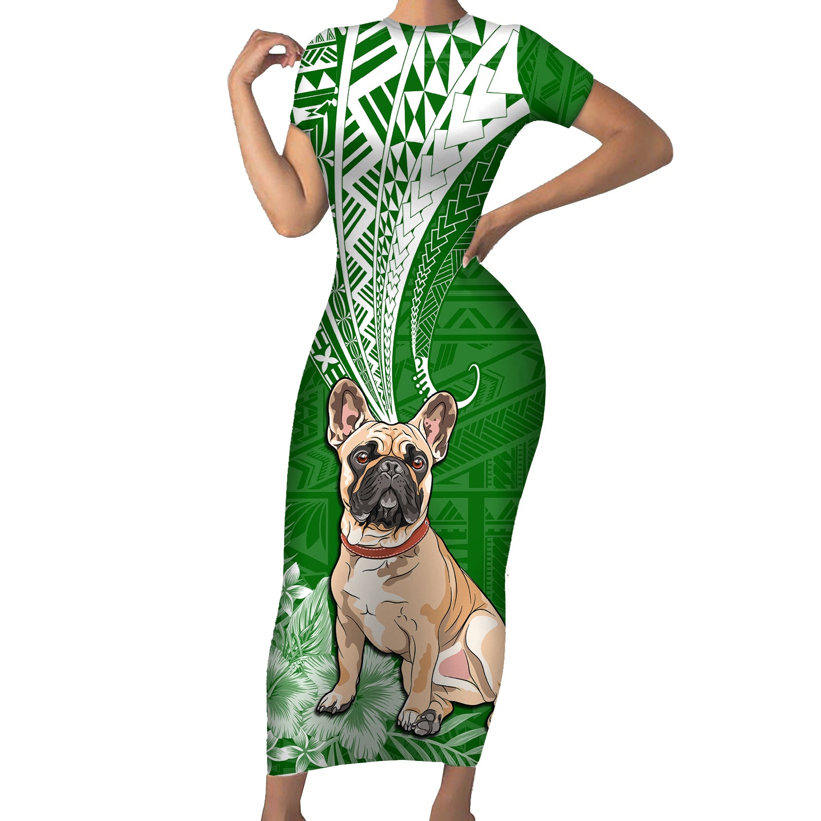 Personalised Polynesian Pacific Bulldog Short Sleeve Bodycon Dress With Emerald Hawaii Tribal Tattoo Patterns LT7 Long Dress Green - Polynesian Pride