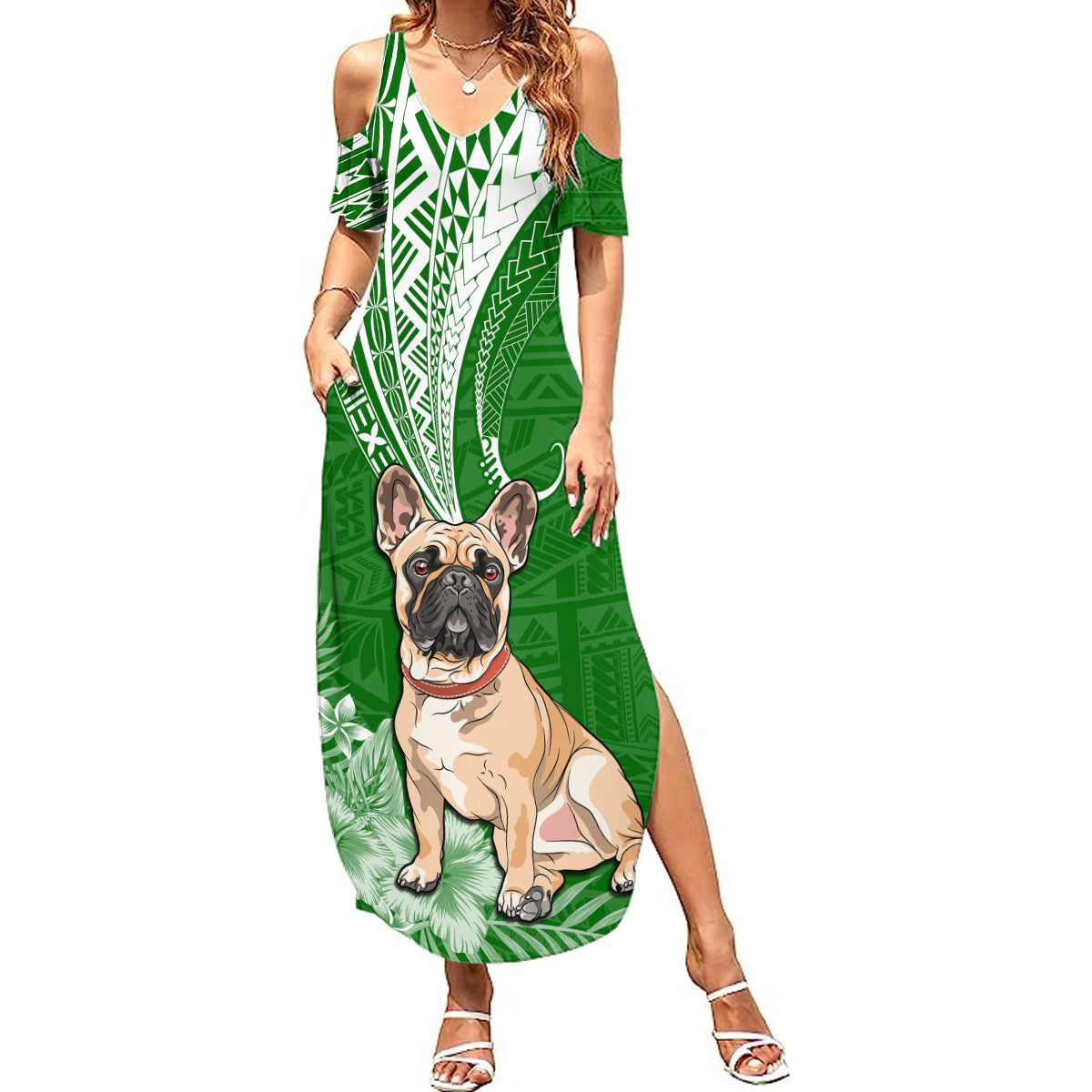 Personalised Polynesian Pacific Bulldog Summer Maxi Dress With Emerald Hawaii Tribal Tattoo Patterns LT7 Women Green - Polynesian Pride