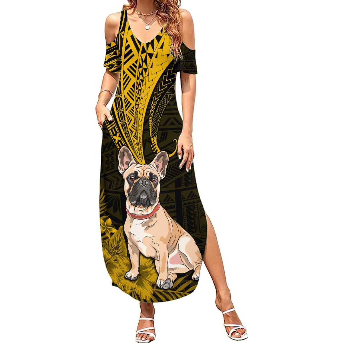 Personalised Polynesian Pacific Bulldog Summer Maxi Dress With Gold Hawaii Tribal Tattoo Patterns LT7 Women Gold - Polynesian Pride