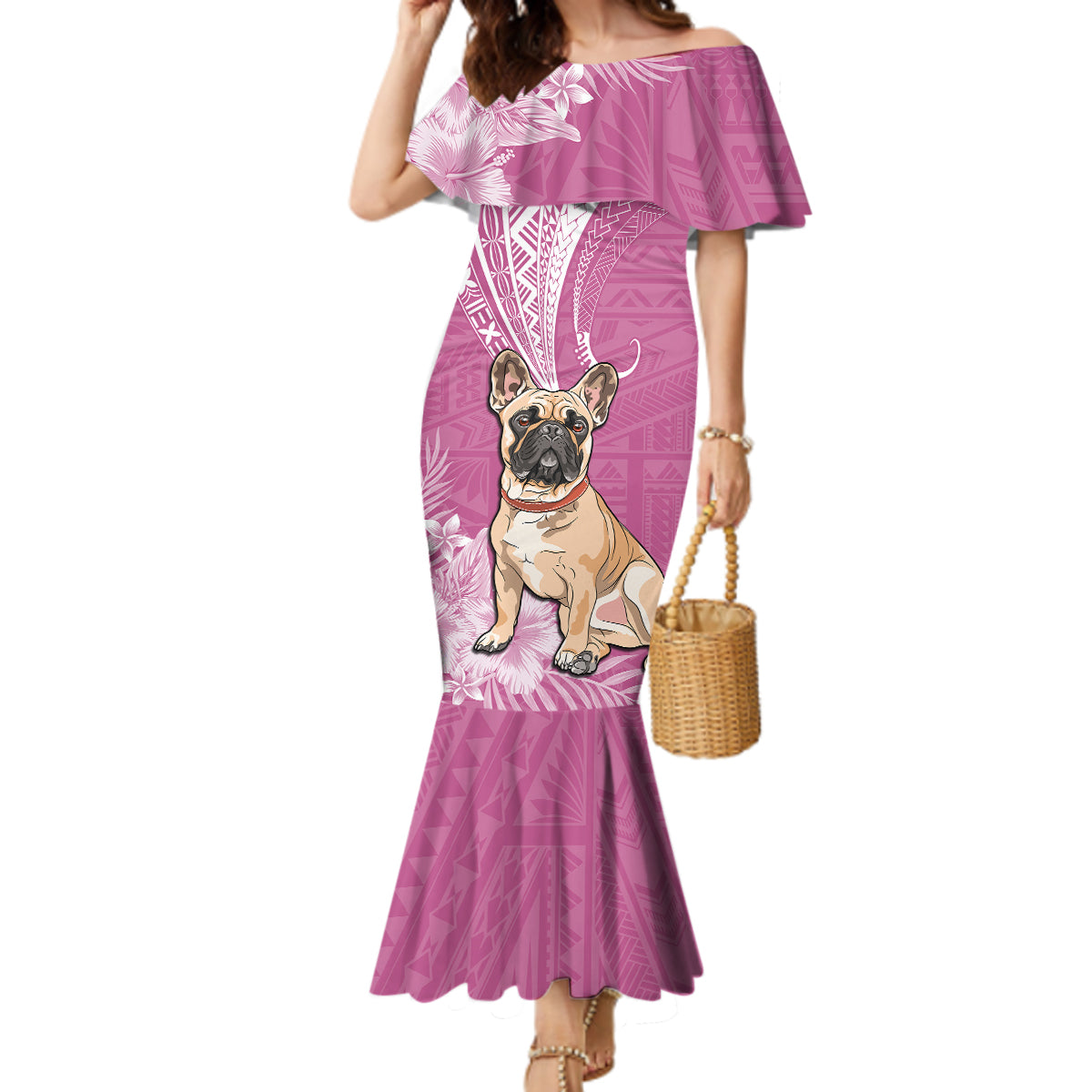 Personalised Polynesian Pacific Bulldog Mermaid Dress With Pink Hawaii Tribal Tattoo Patterns LT7 Women Pink - Polynesian Pride