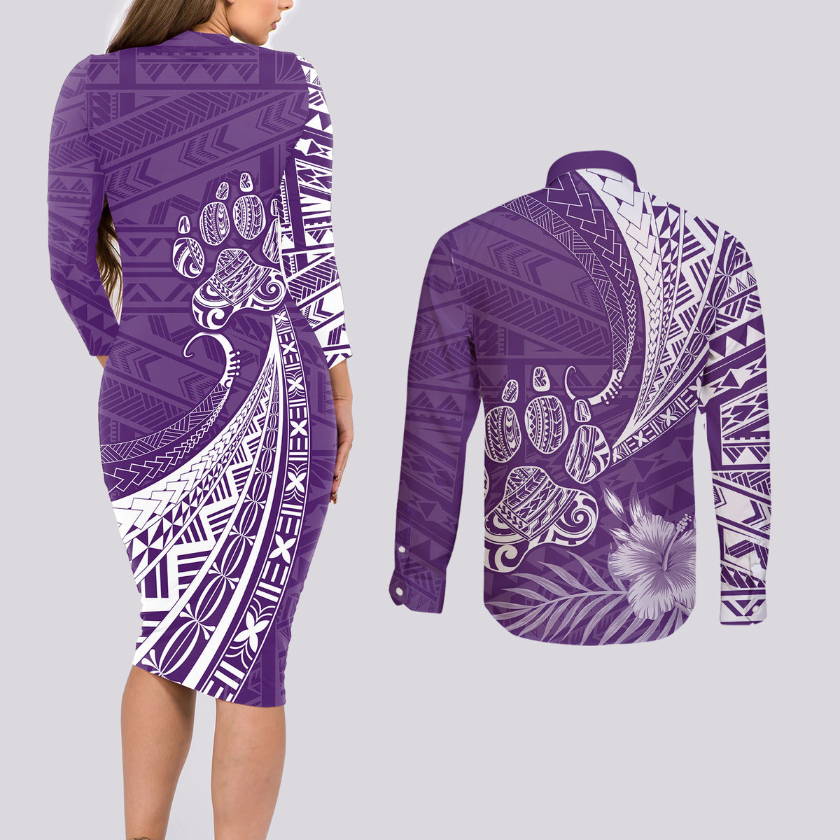 Personalised Polynesian Pacific Bulldog Couples Matching Long Sleeve Bodycon Dress and Long Sleeve Button Shirts With Violet Hawaii Tribal Tattoo Patterns LT7 - Polynesian Pride