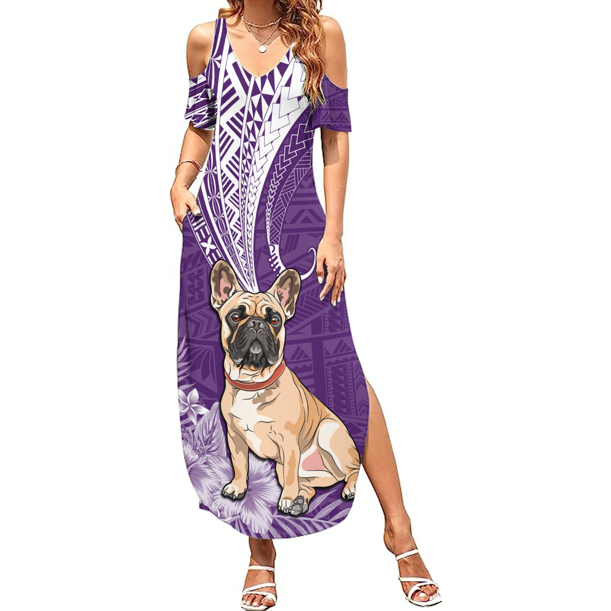 Personalised Polynesian Pacific Bulldog Summer Maxi Dress With Violet Hawaii Tribal Tattoo Patterns LT7 Women Purple - Polynesian Pride