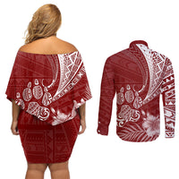 Personalised Polynesian Pacific Bulldog Couples Matching Off Shoulder Short Dress and Long Sleeve Button Shirts With Red Hawaii Tribal Tattoo Patterns LT7 - Polynesian Pride