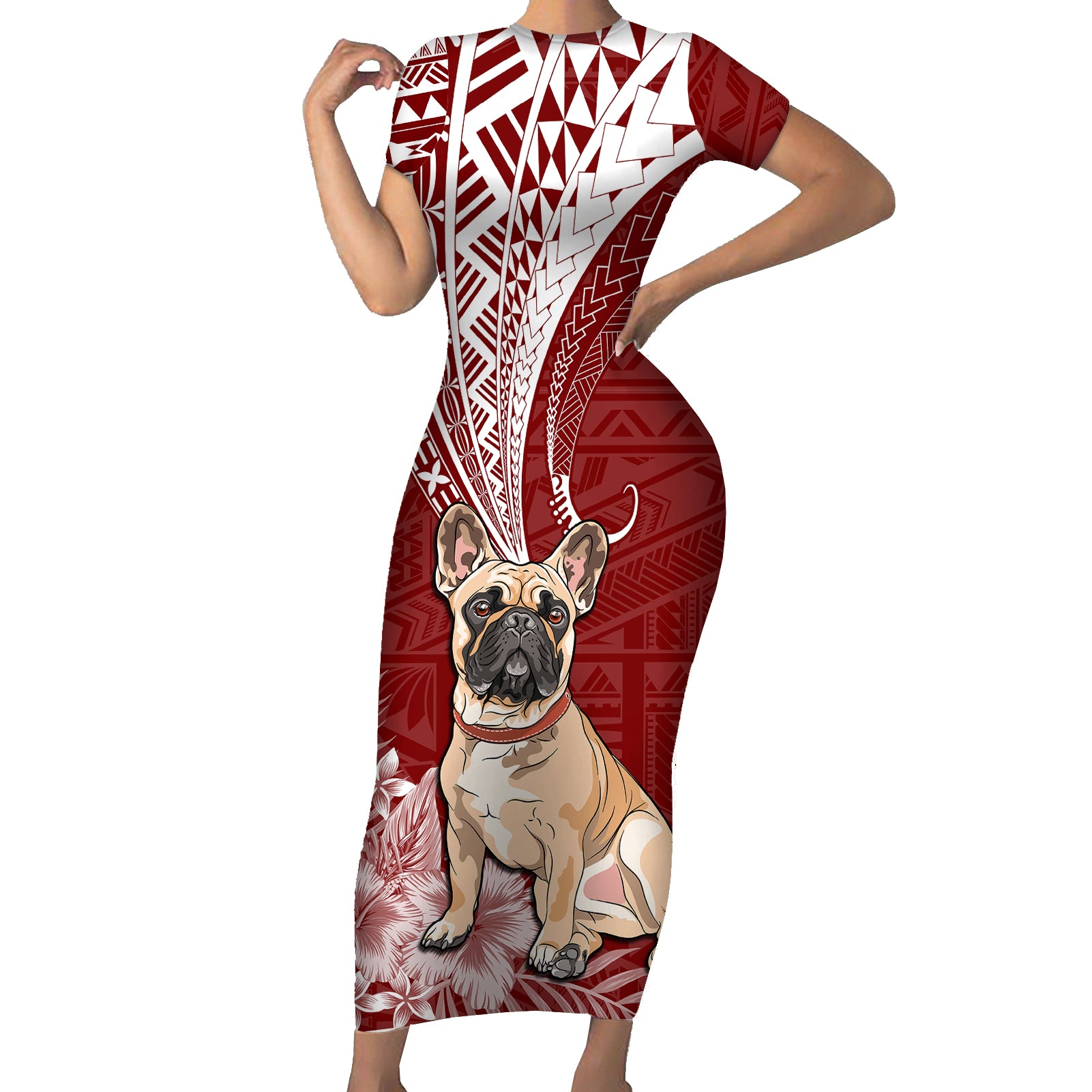 Personalised Polynesian Pacific Bulldog Short Sleeve Bodycon Dress With Red Hawaii Tribal Tattoo Patterns LT7 Long Dress Red - Polynesian Pride