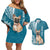 Personalised Polynesian Pacific Bulldog Couples Matching Off Shoulder Short Dress and Hawaiian Shirt With Teal Hawaii Tribal Tattoo Patterns LT7 Teal - Polynesian Pride