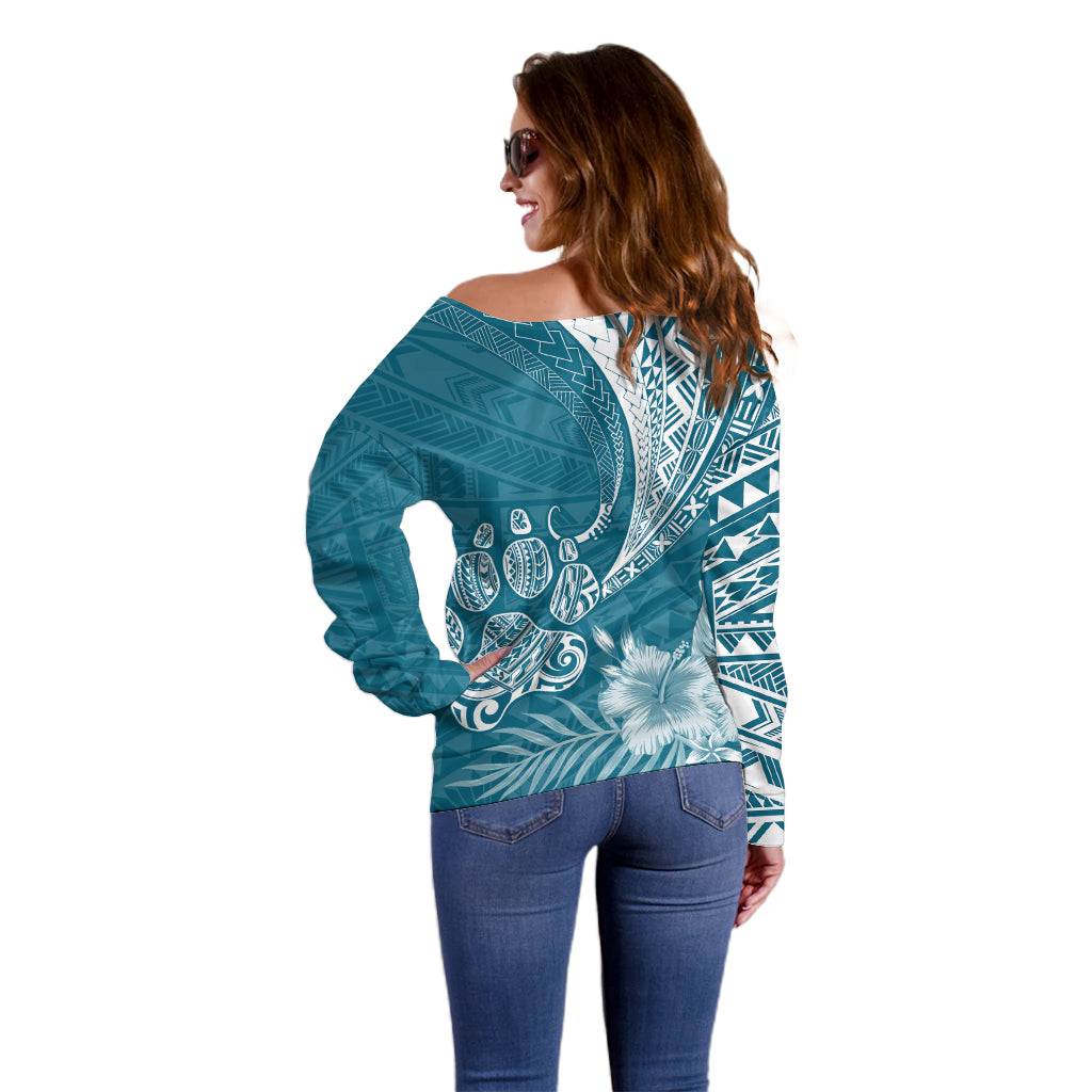 Personalised Polynesian Pacific Bulldog Off Shoulder Sweater With Teal Hawaii Tribal Tattoo Patterns LT7 - Polynesian Pride