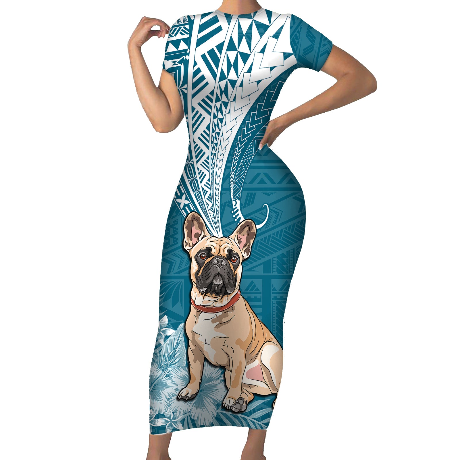 Personalised Polynesian Pacific Bulldog Short Sleeve Bodycon Dress With Teal Hawaii Tribal Tattoo Patterns LT7 Long Dress Teal - Polynesian Pride