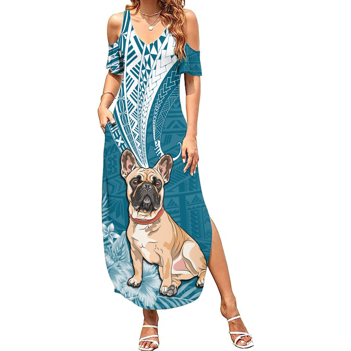 Personalised Polynesian Pacific Bulldog Summer Maxi Dress With Teal Hawaii Tribal Tattoo Patterns LT7 Women Teal - Polynesian Pride
