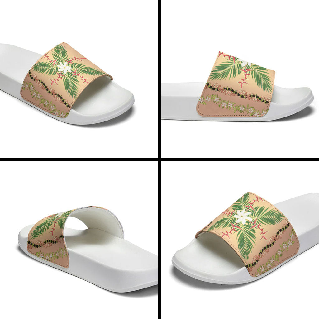 Hawaii Quilt Inspired Collection Aloha Flowers Slide Sandals Maile - Kukui Nut Lei