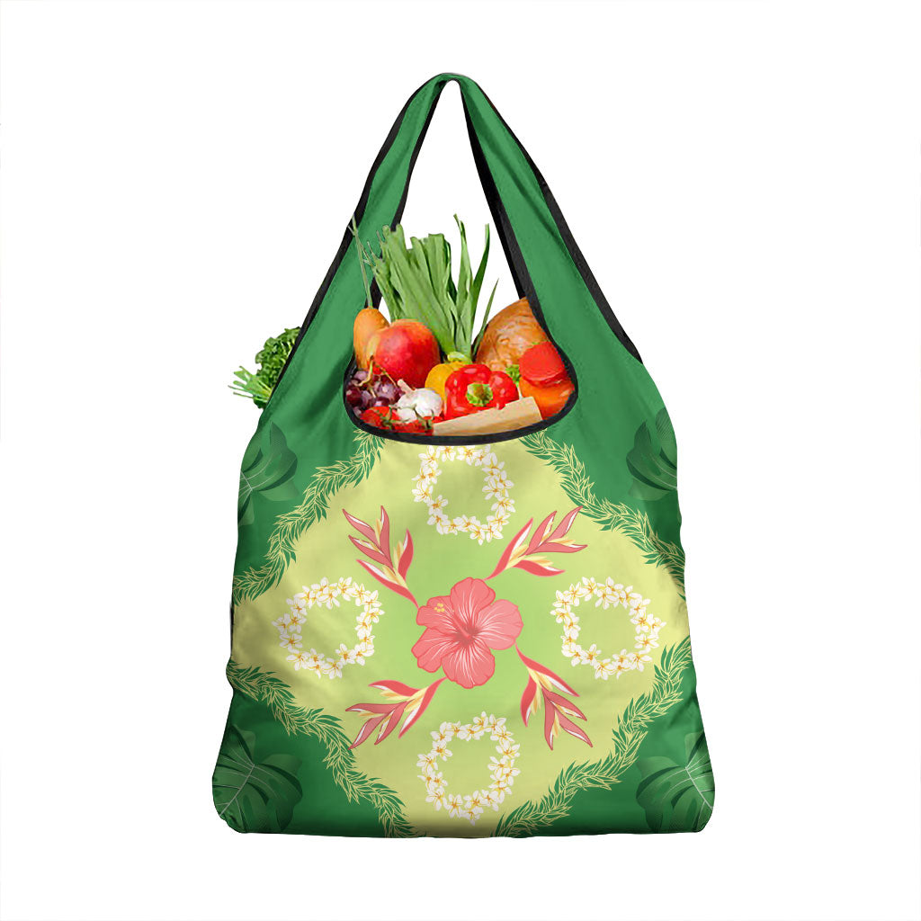 Hawaii Quilt Inspired Collection Aloha Flowers Grocery Bag Plumeria - Ti Leaf Lei LT7 1-pack One Size Green - Polynesian Pride