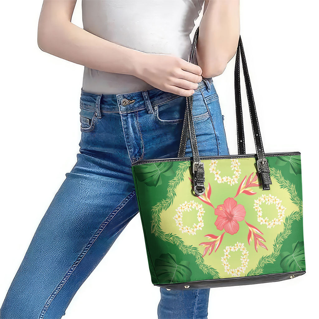 Hawaii Quilt Inspired Collection Aloha Flowers Leather Tote Bag Plumeria - Ti Leaf Lei
