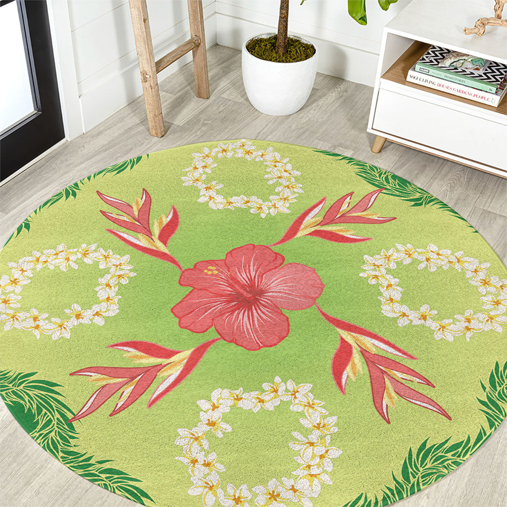 Hawaii Quilt Inspired Collection Aloha Flowers Round Carpet Plumeria - Ti Leaf Lei