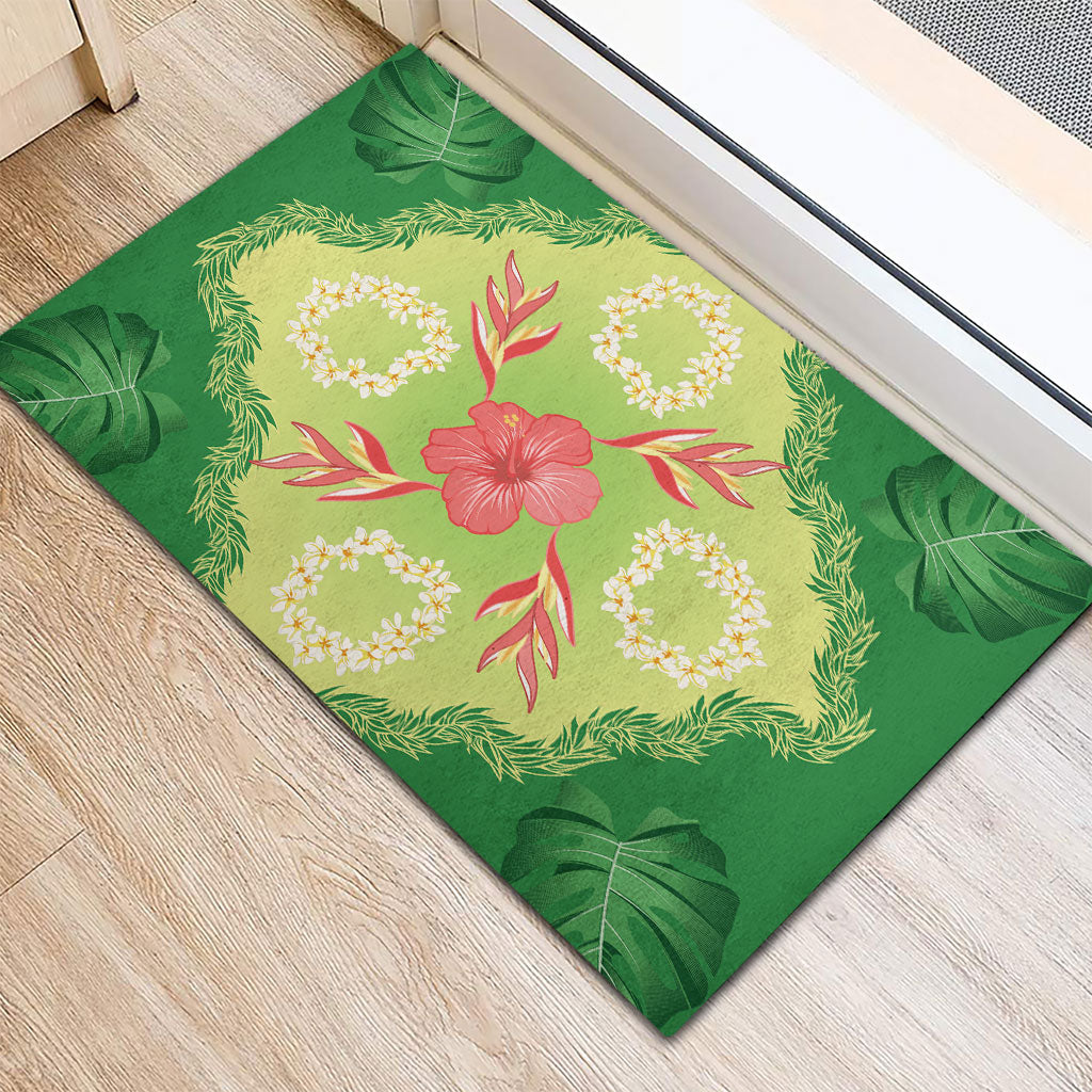 Hawaii Quilt Inspired Collection Aloha Flowers Rubber Doormat Plumeria - Ti Leaf Lei