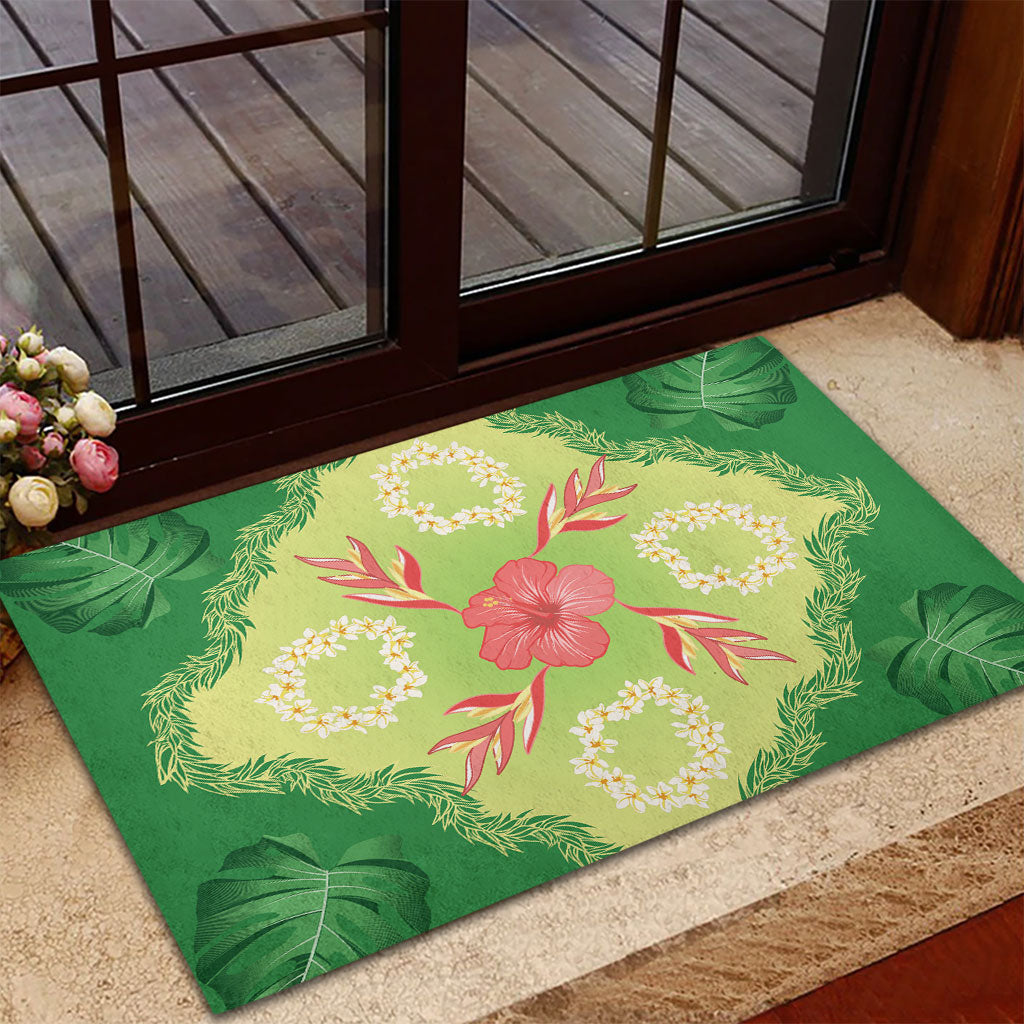 Hawaii Quilt Inspired Collection Aloha Flowers Rubber Doormat Plumeria - Ti Leaf Lei