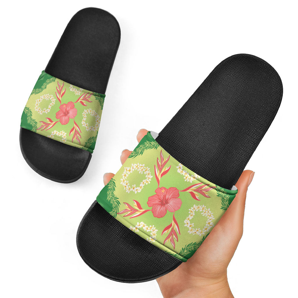 Hawaii Quilt Inspired Collection Aloha Flowers Slide Sandals Plumeria - Ti Leaf Lei
