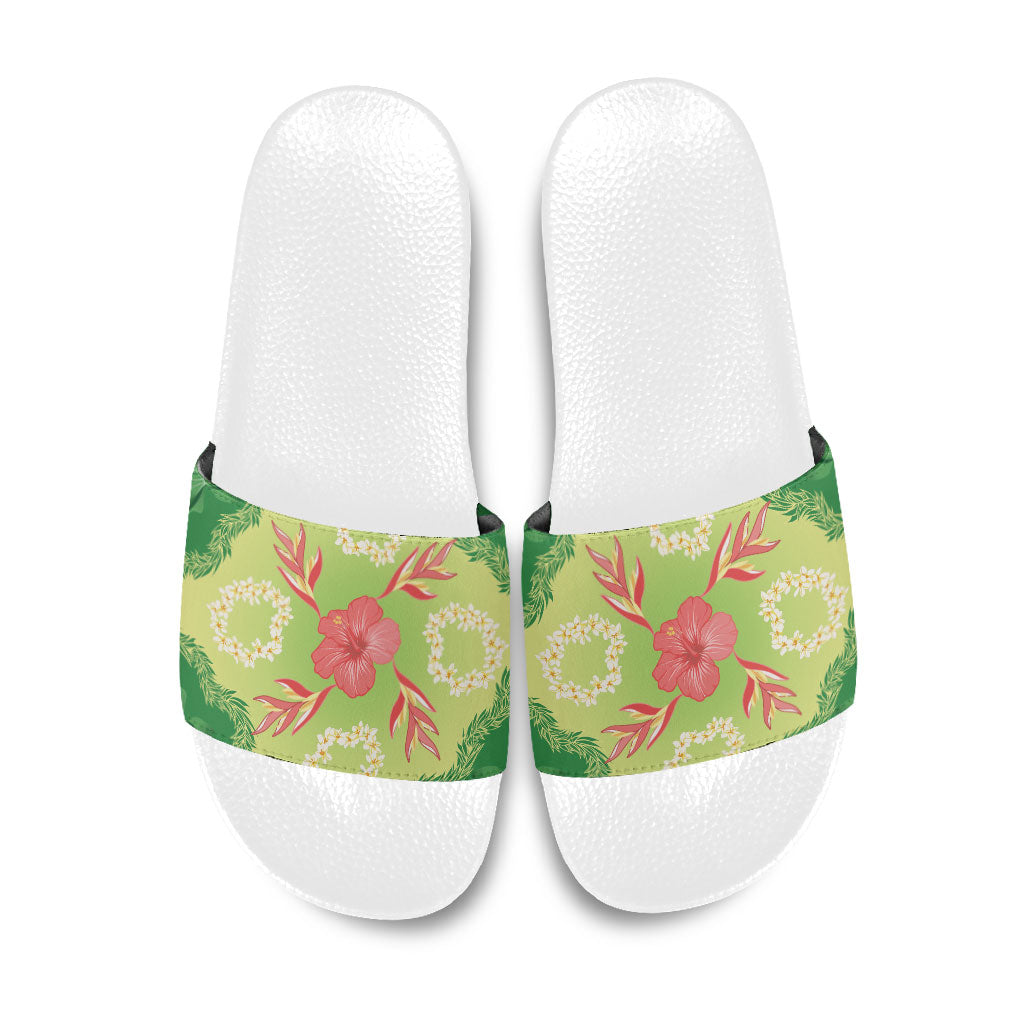 Hawaii Quilt Inspired Collection Aloha Flowers Slide Sandals Plumeria - Ti Leaf Lei