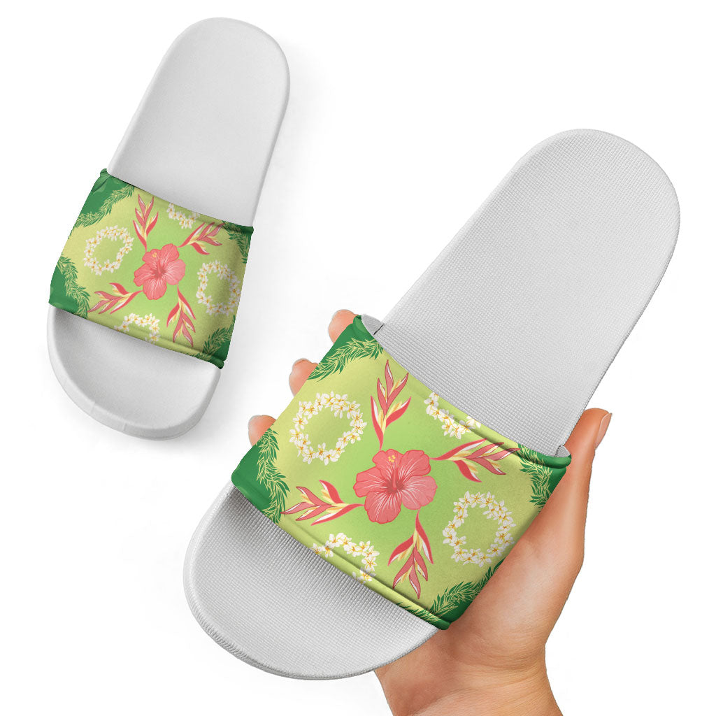 Hawaii Quilt Inspired Collection Aloha Flowers Slide Sandals Plumeria - Ti Leaf Lei