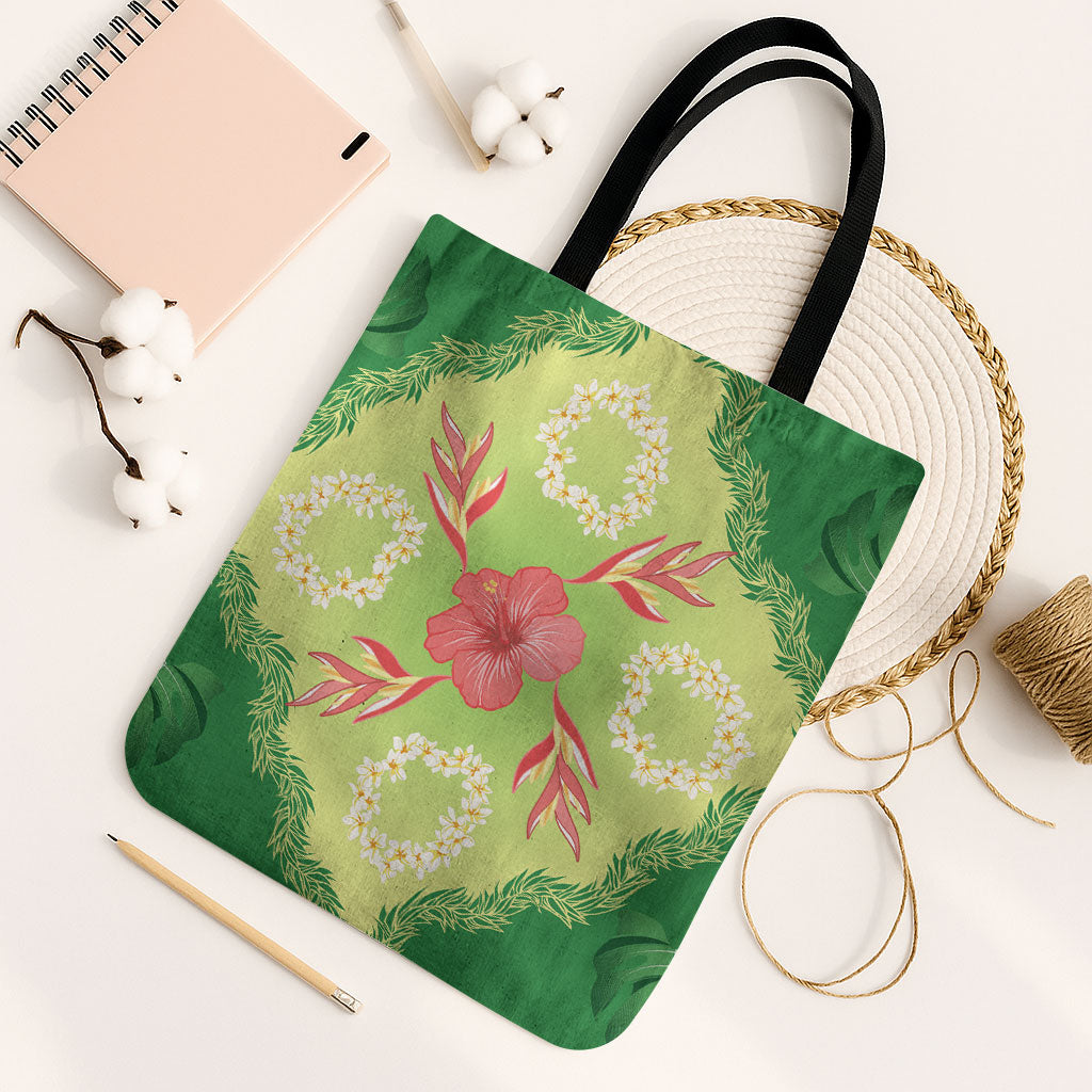 Hawaii Quilt Inspired Collection Aloha Flowers Tote Bag Plumeria - Ti Leaf Lei