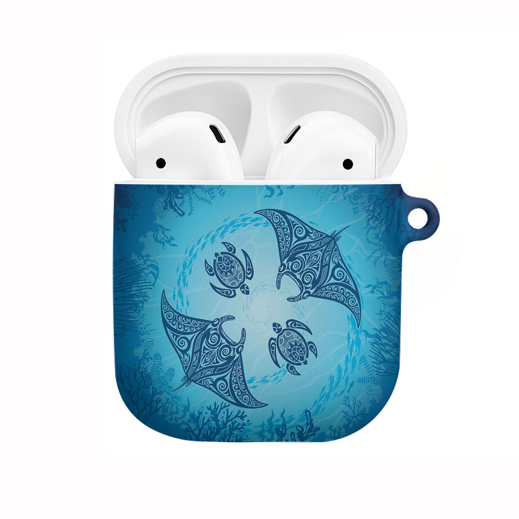 Hawaii Quilt Inspired Collection Aloha Sea AirPods Case Manta Ray and Turtles LT7 Cerulean - Polynesian Pride
