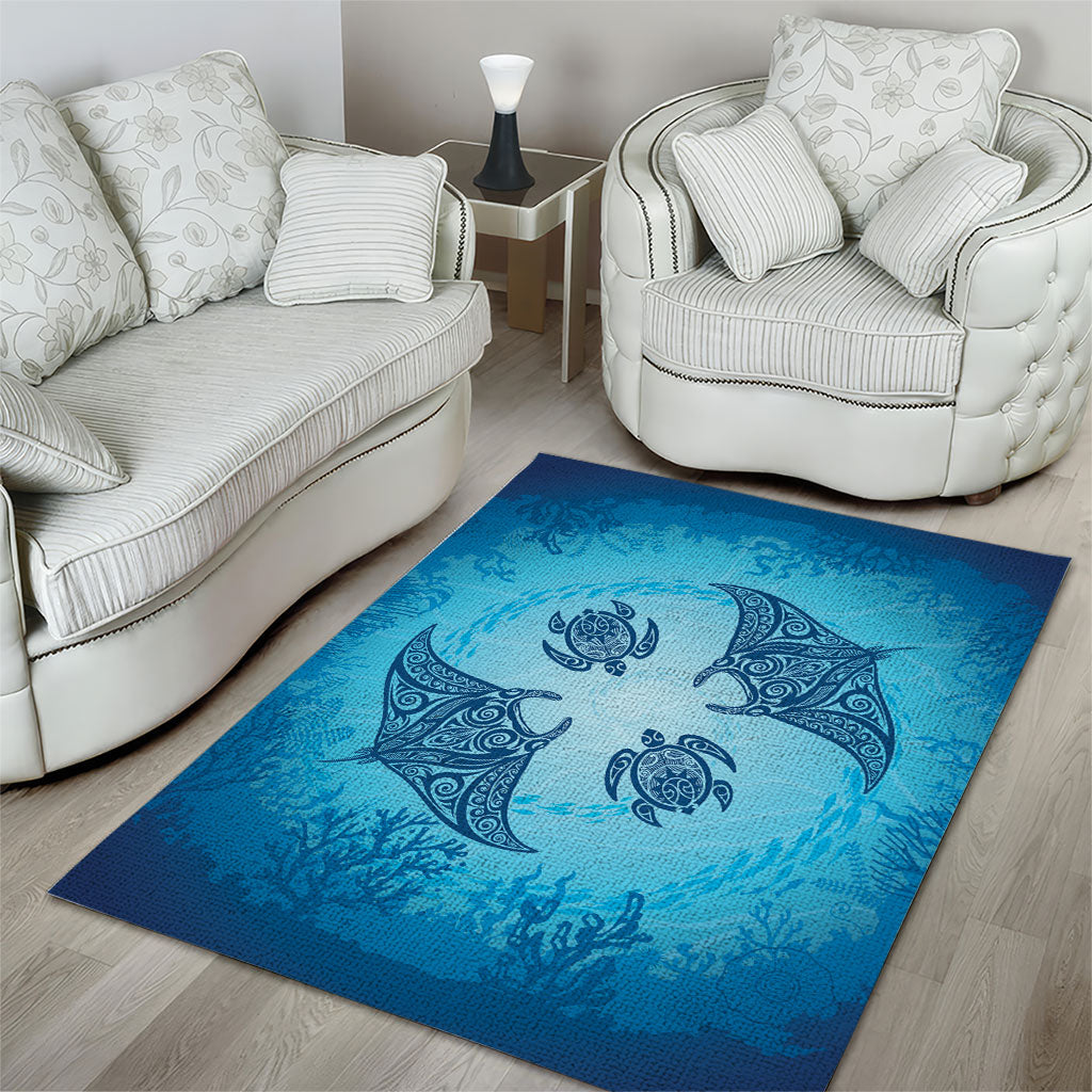 Hawaii Quilt Inspired Collection Aloha Sea Area Rug Manta Ray and Turtles