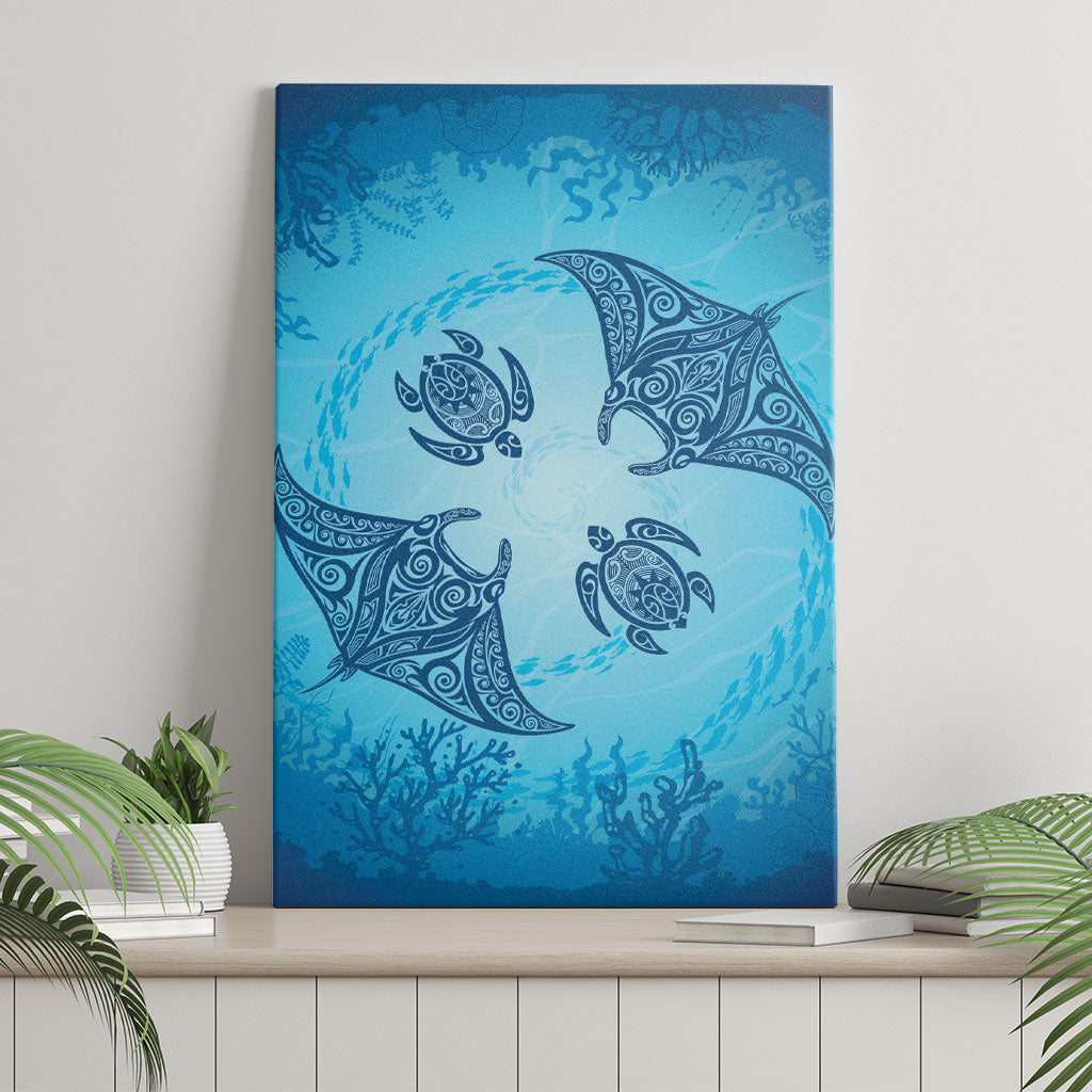 Hawaii Quilt Inspired Collection Aloha Sea Canvas Wall Art Manta Ray and Turtles