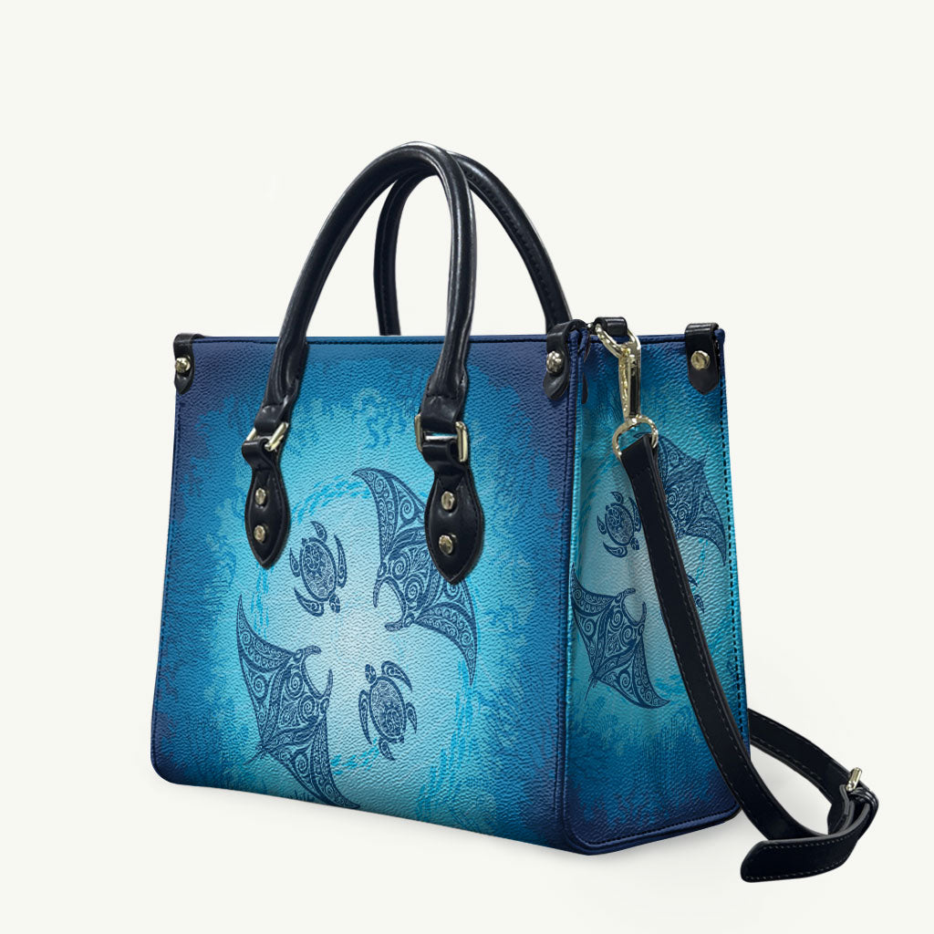 Hawaii Quilt Inspired Collection Aloha Sea Leather Bag Manta Ray and Turtles LT7 Cerulean - Polynesian Pride