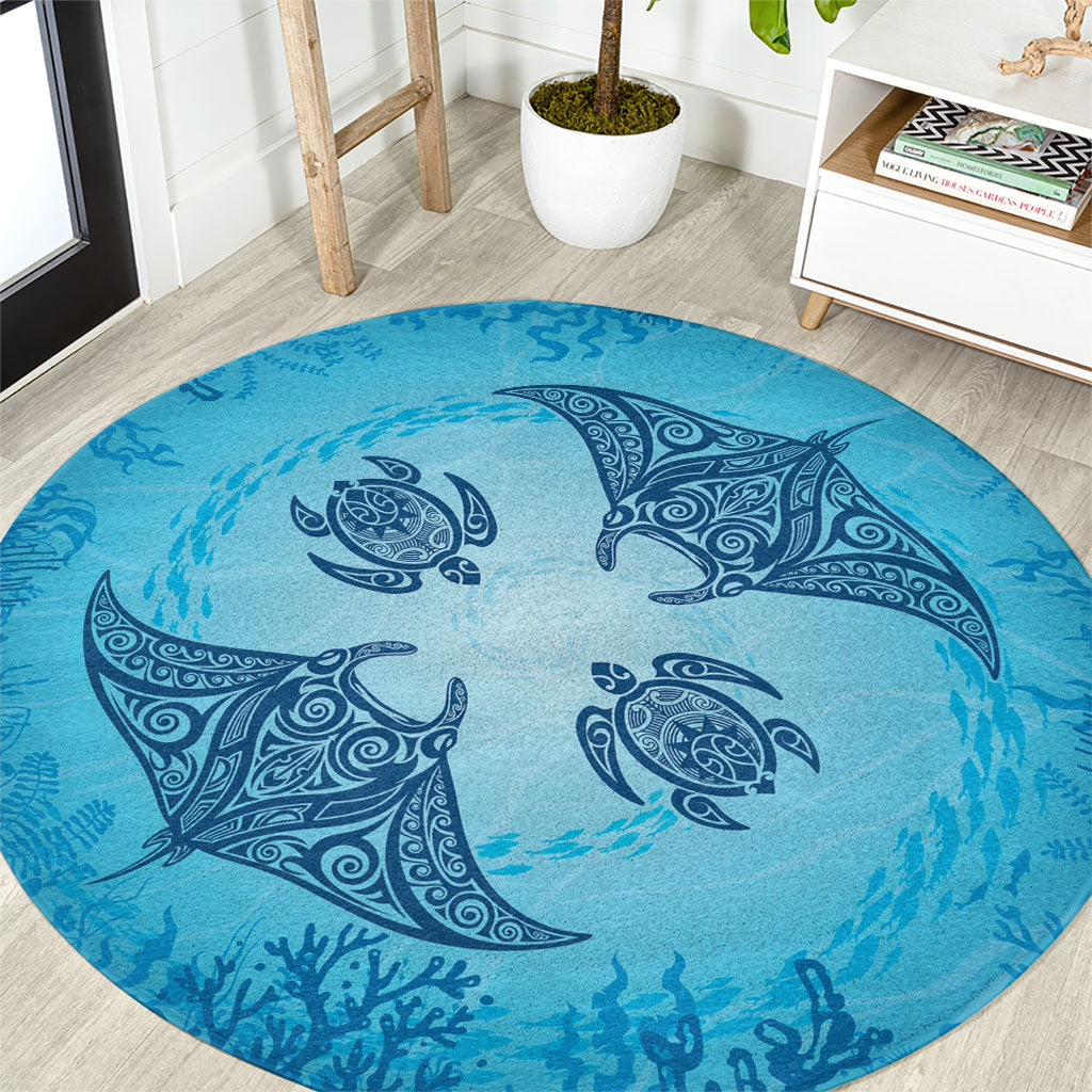 Hawaii Quilt Inspired Collection Aloha Sea Round Carpet Manta Ray and Turtles